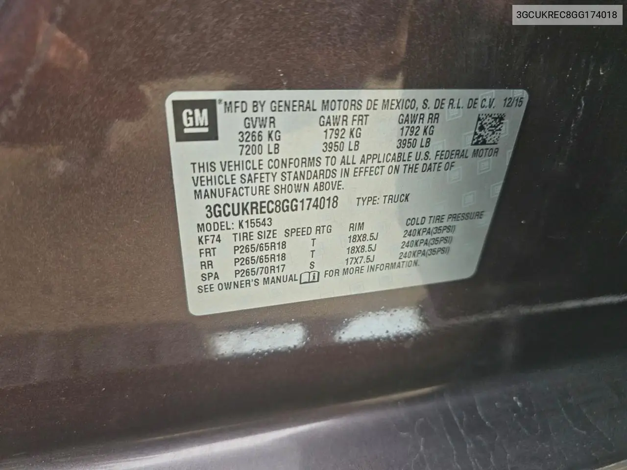 3GCUKREC8GG174018 2016 Chevrolet Silverado K1500 Lt