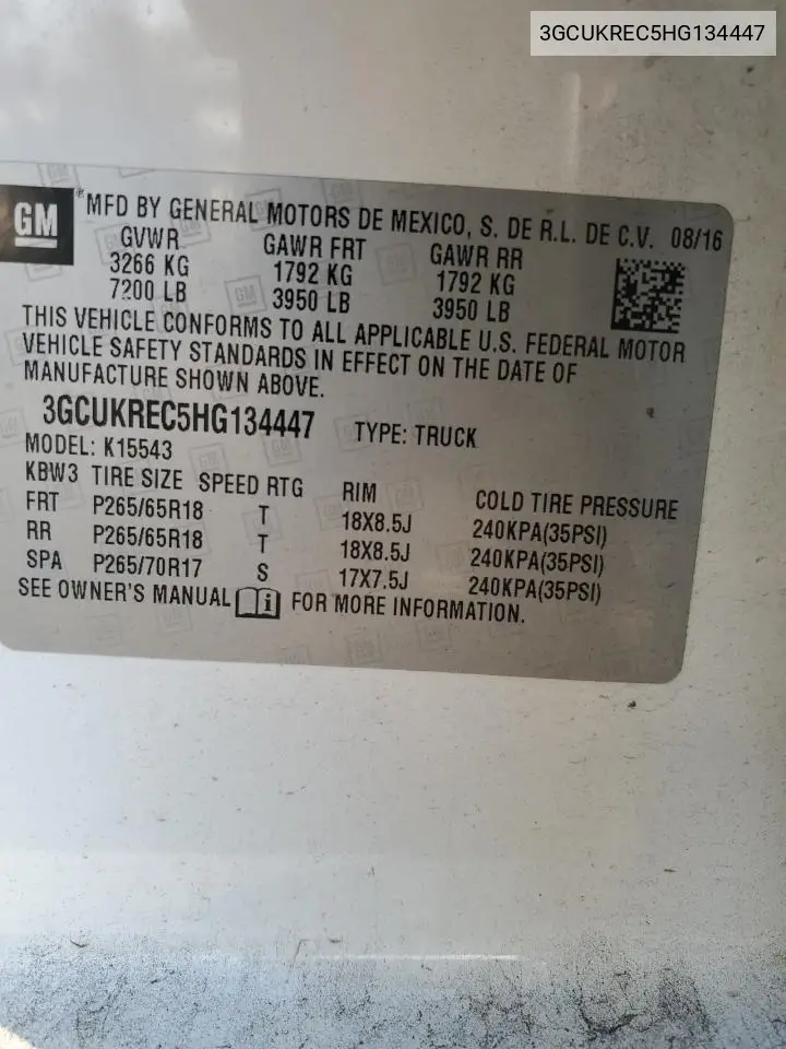 3GCUKREC5HG134447 2017 Chevrolet Silverado K1500 Lt