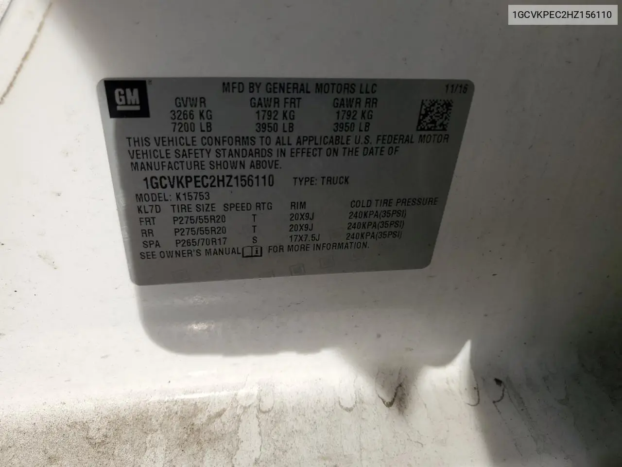 1GCVKPEC2HZ156110 2017 Chevrolet Silverado K1500 Custom
