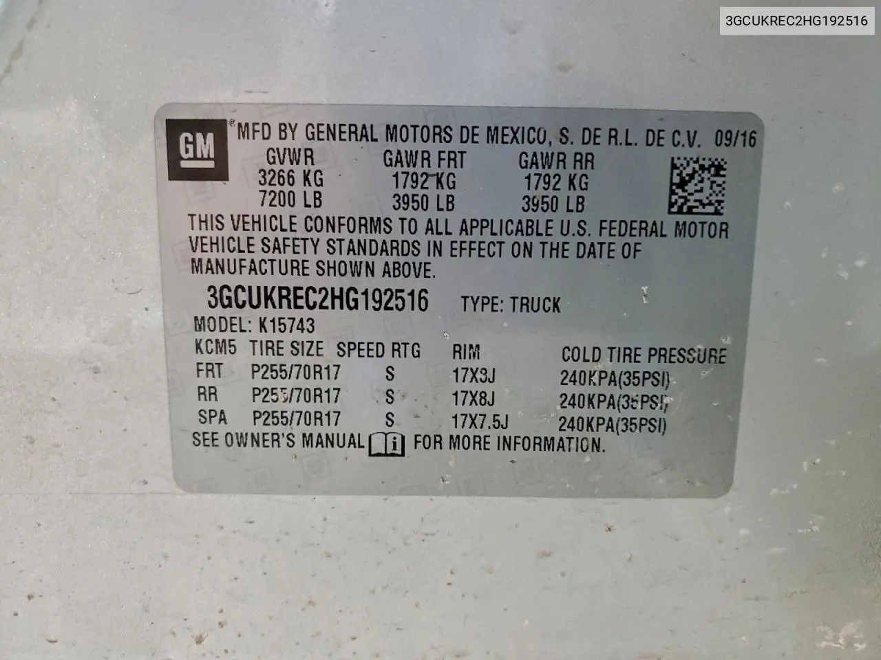 3GCUKREC2HG192516 2017 Chevrolet Silverado K1500 Lt