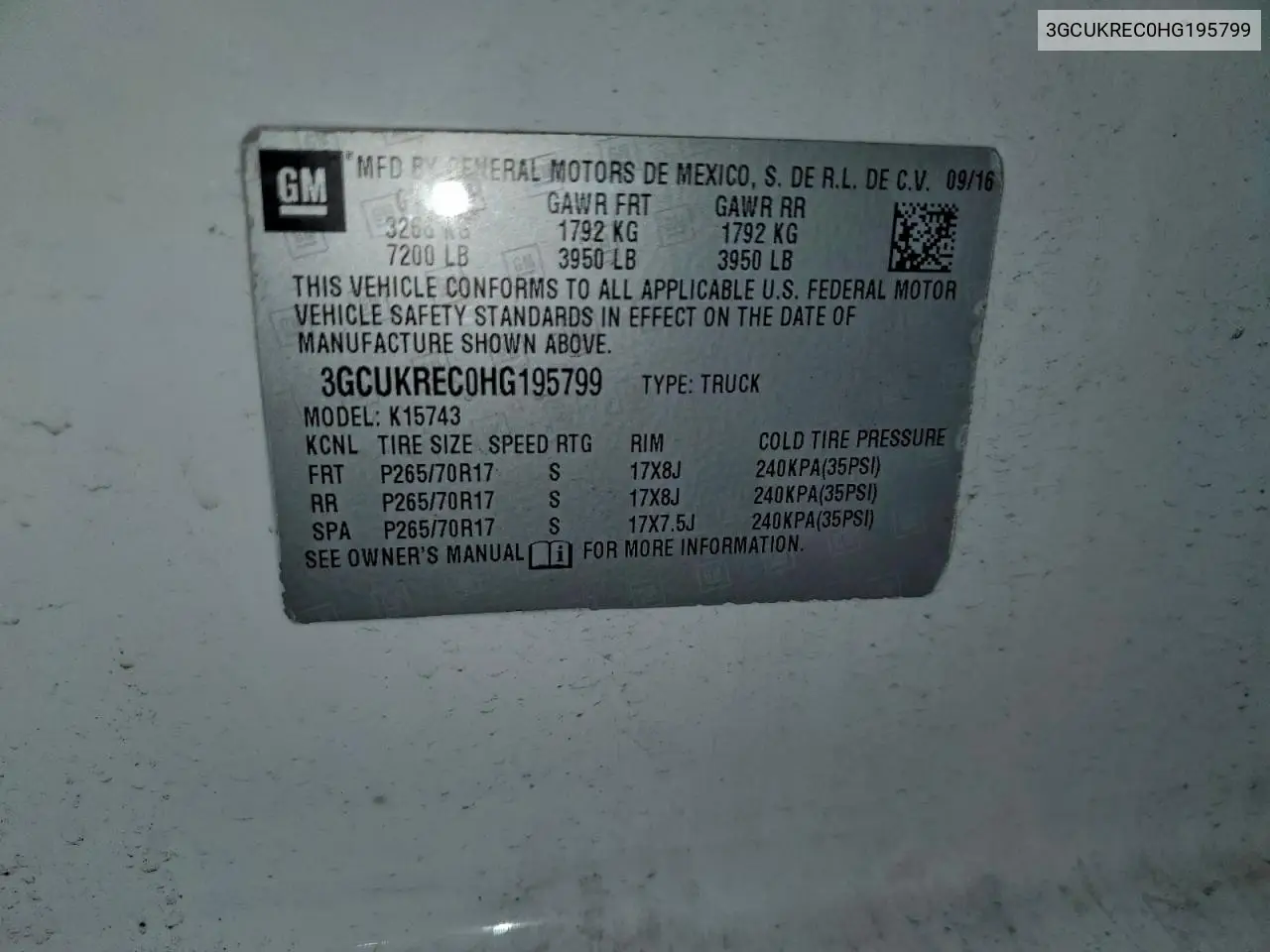3GCUKREC0HG195799 2017 Chevrolet Silverado K1500 Lt