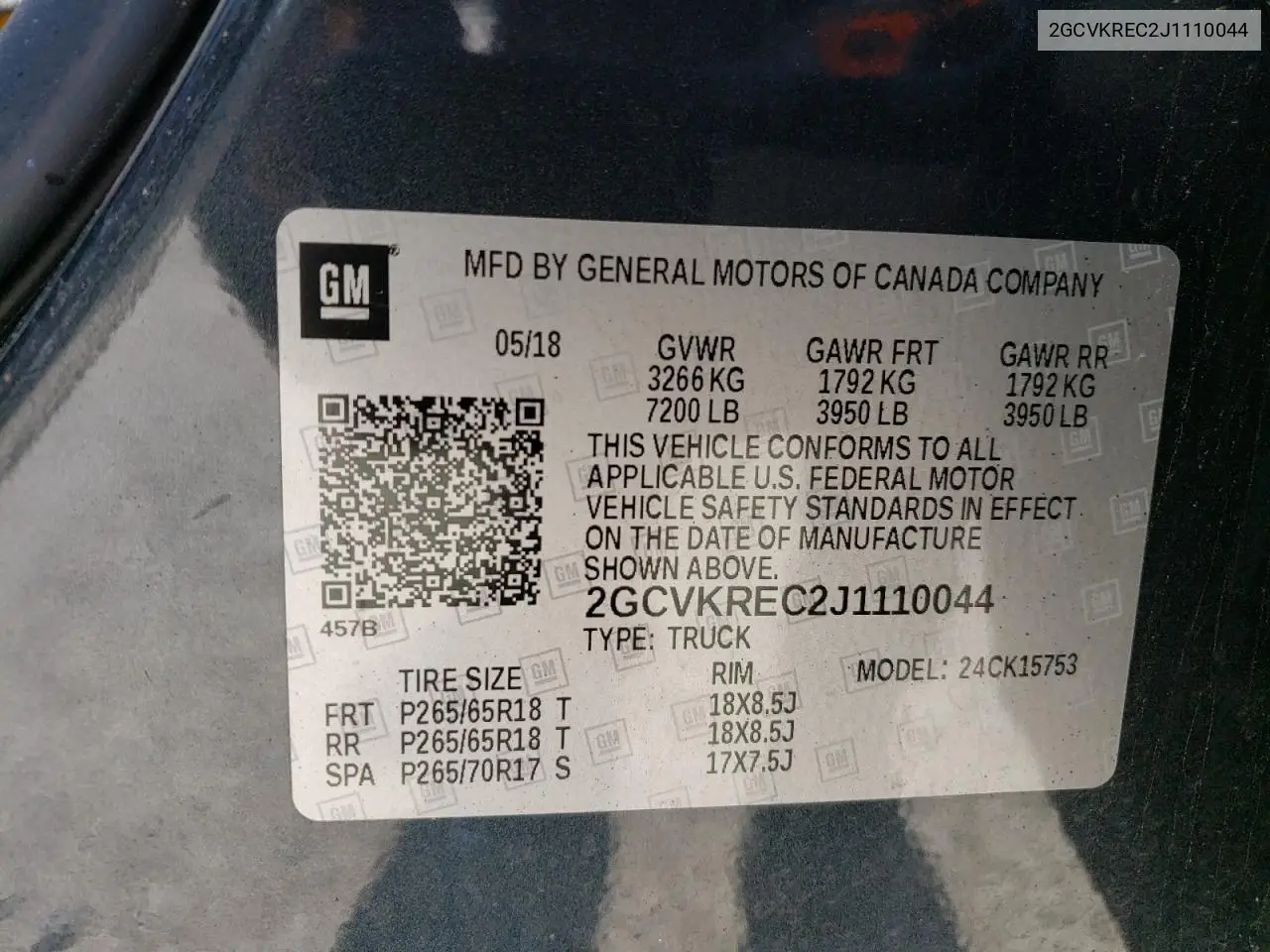 2GCVKREC2J1110044 2018 Chevrolet Silverado K1500 Lt