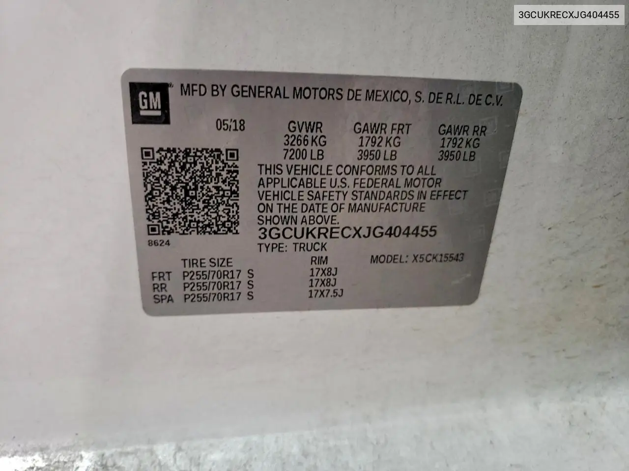3GCUKRECXJG404455 2018 Chevrolet Silverado K1500 Lt
