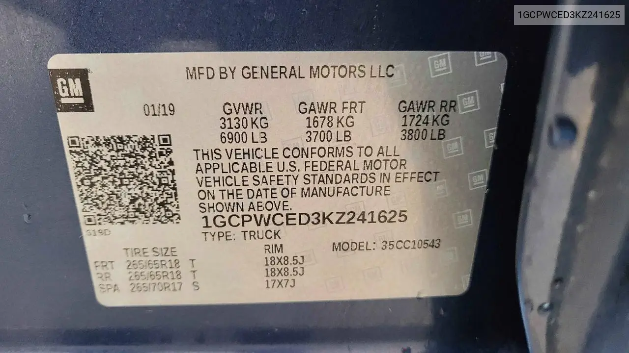 1GCPWCED3KZ241625 2019 Chevrolet Silverado C1500 Lt