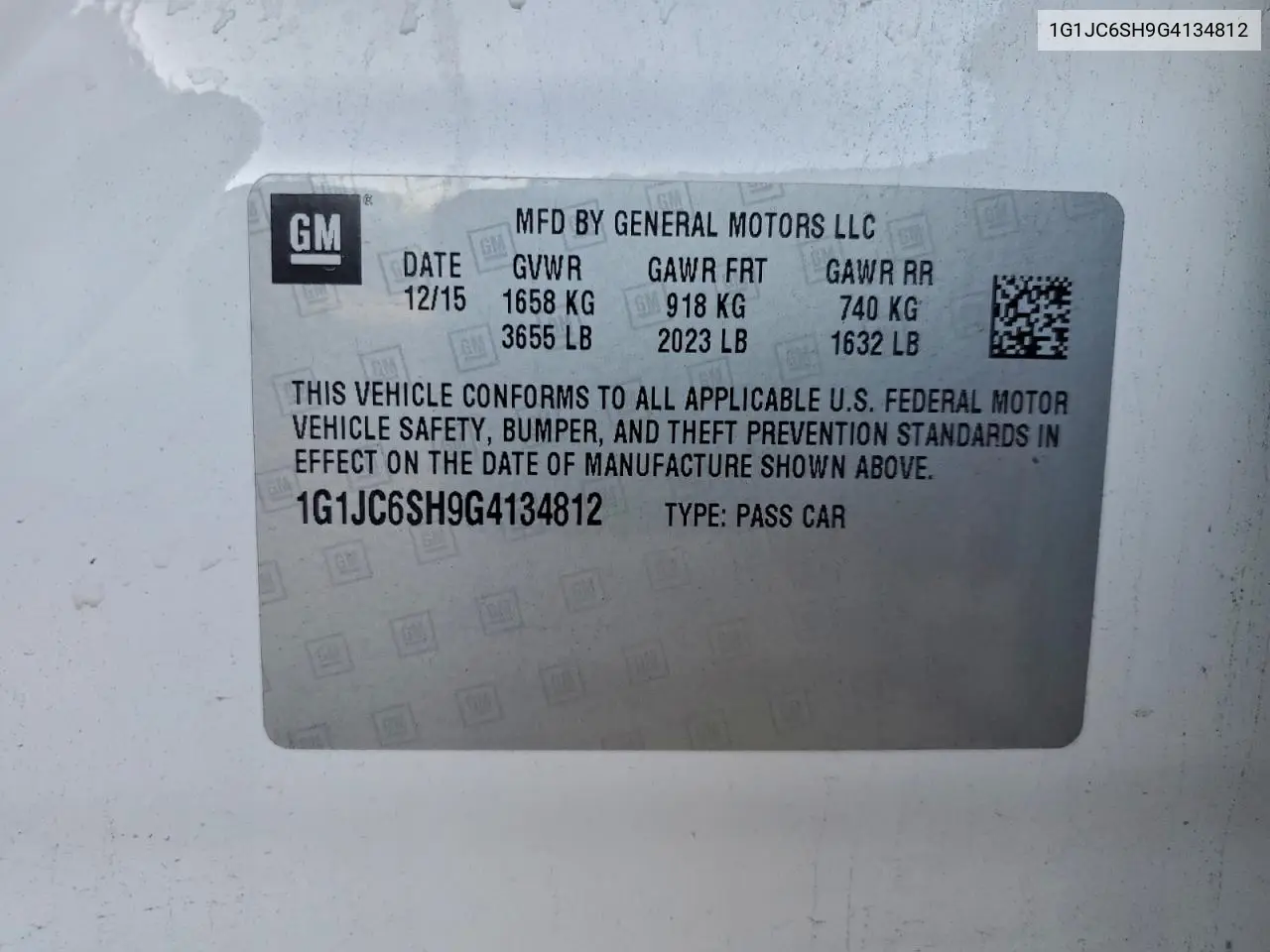 1G1JC6SH9G4134812 2016 Chevrolet Sonic Lt