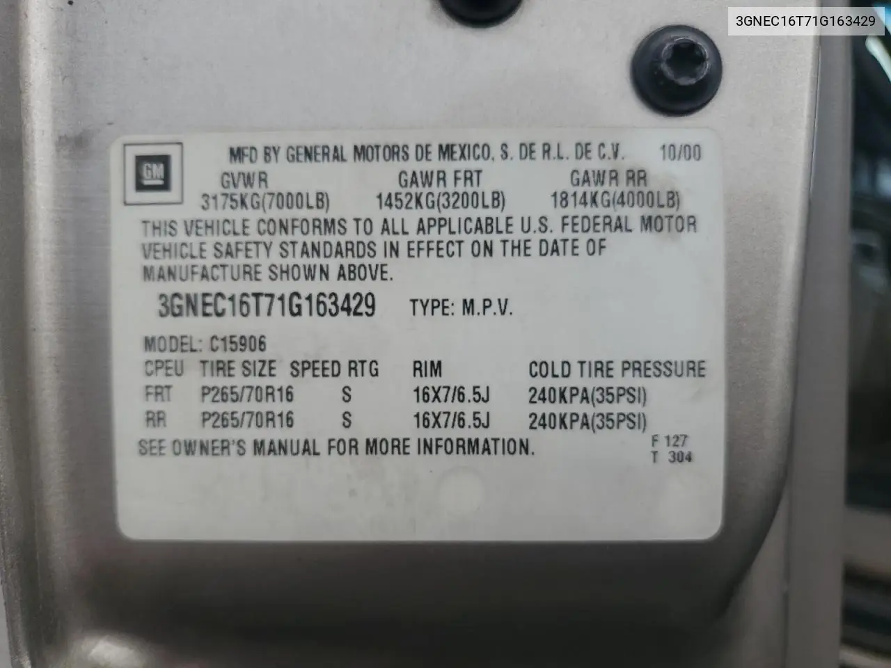 3GNEC16T71G163429 2001 Chevrolet Suburban C1500
