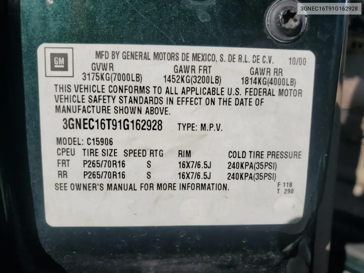 3GNEC16T91G162928 2001 Chevrolet Suburban C1500