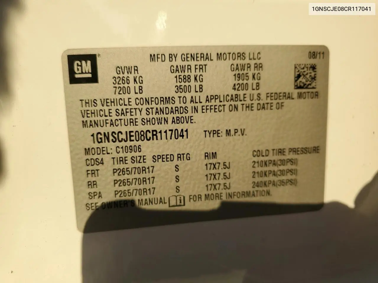 1GNSCJE08CR117041 2012 Chevrolet Suburban C1500 Lt