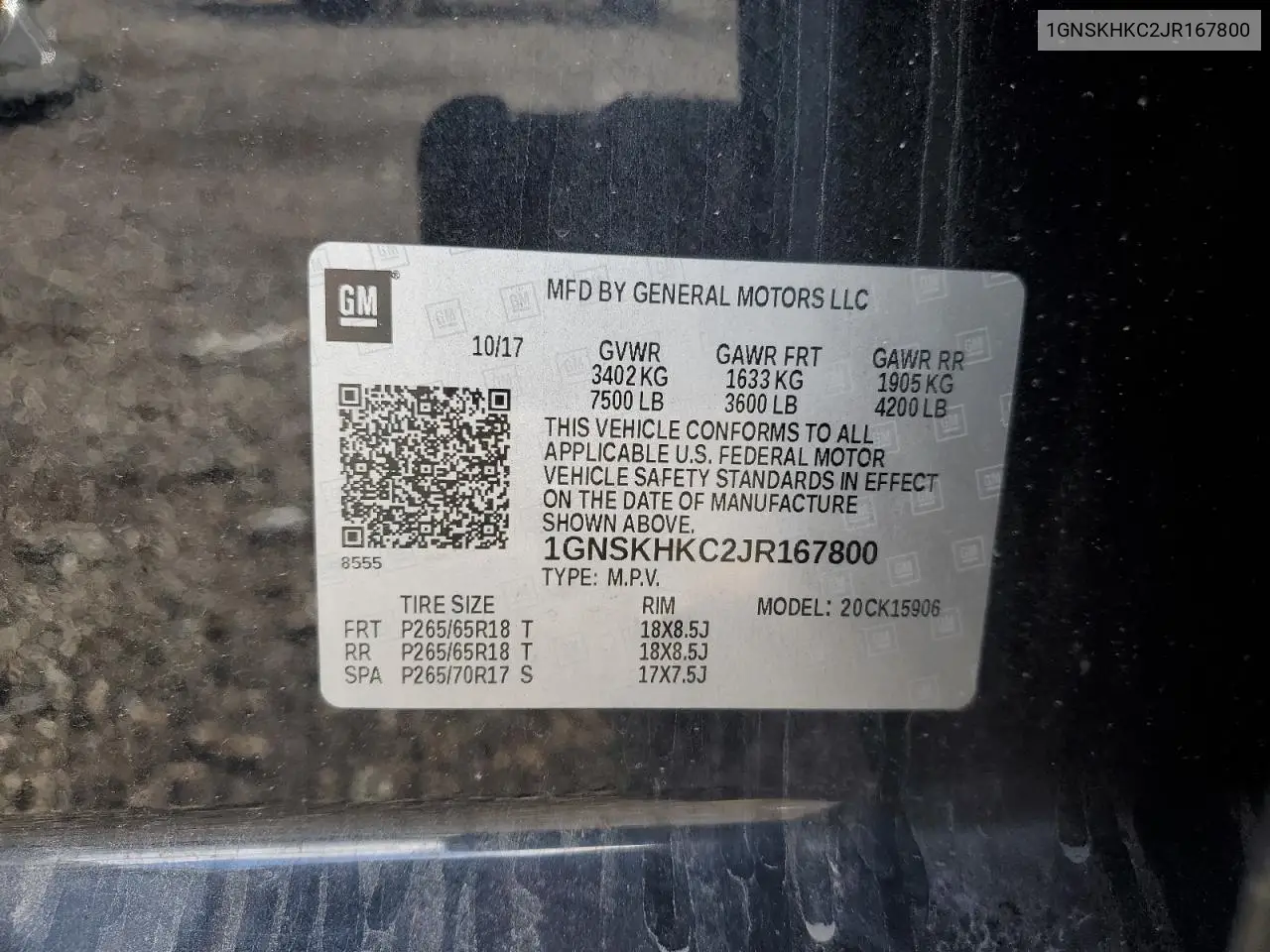 1GNSKHKC2JR167800 2018 Chevrolet Suburban K1500 Lt