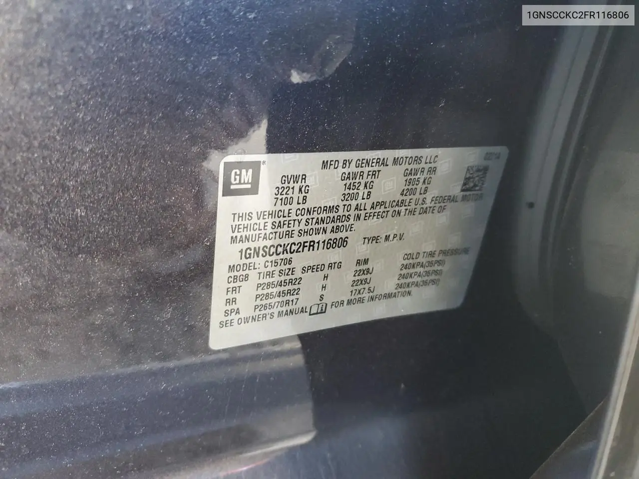 1GNSCCKC2FR116806 2015 Chevrolet Tahoe C1500 Ltz