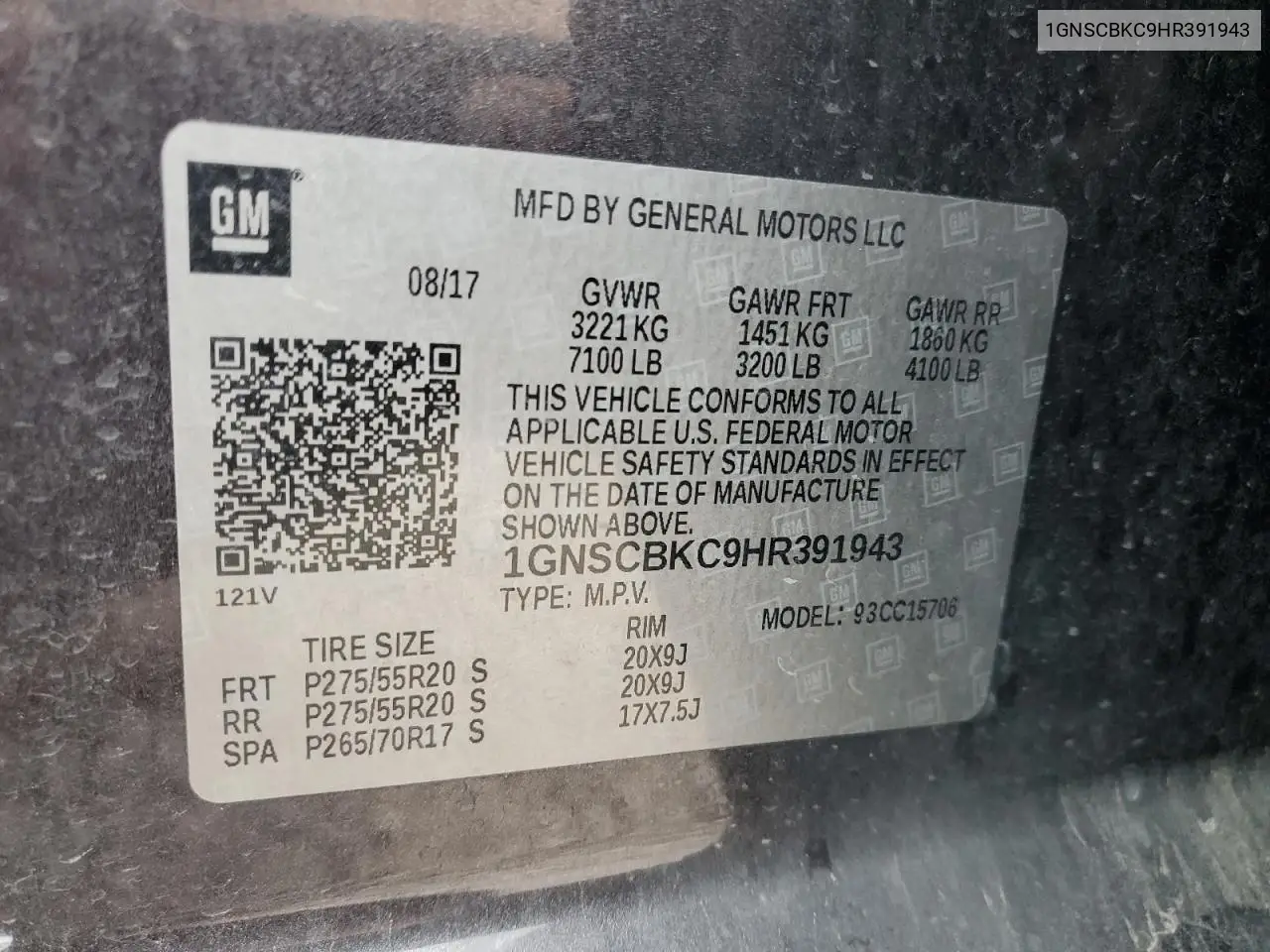 1GNSCBKC9HR391943 2017 Chevrolet Tahoe C1500 Lt