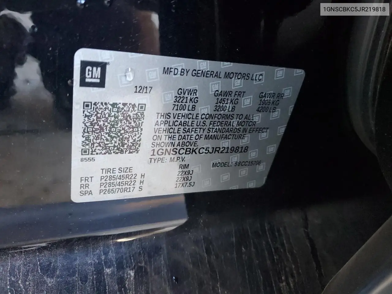 1GNSCBKC5JR219818 2018 Chevrolet Tahoe C1500 Lt