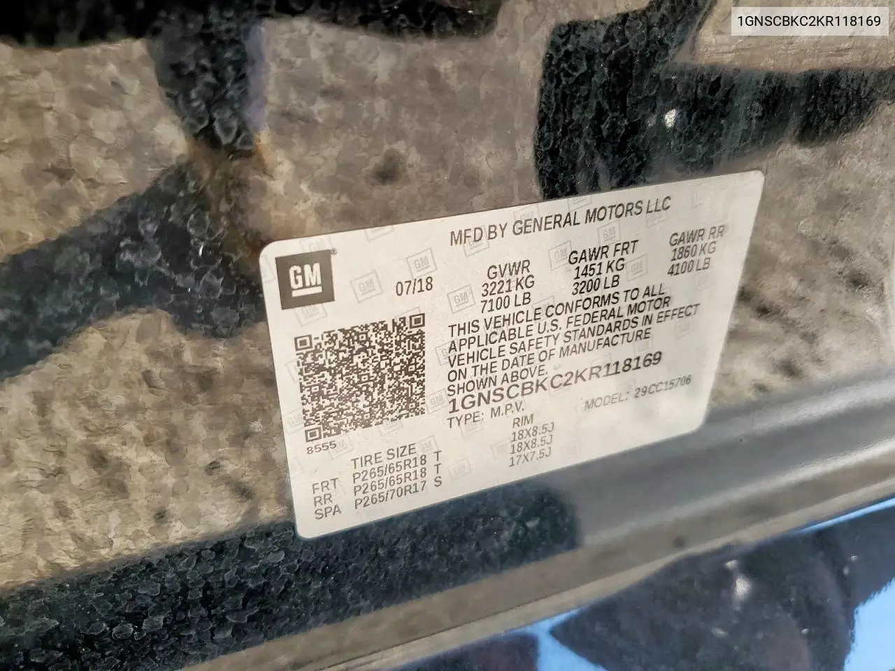 1GNSCBKC2KR118169 2019 Chevrolet Tahoe C1500 Lt