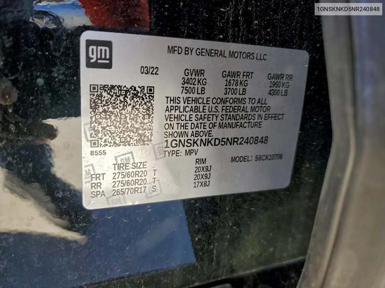 1GNSKNKD5NR240848 2022 Chevrolet Tahoe K1500 Lt