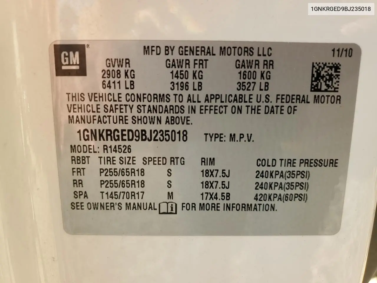 1GNKRGED9BJ235018 2011 Chevrolet Traverse Lt