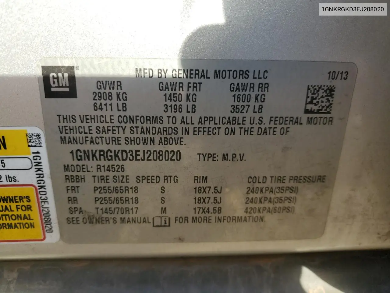 1GNKRGKD3EJ208020 2014 Chevrolet Traverse Lt