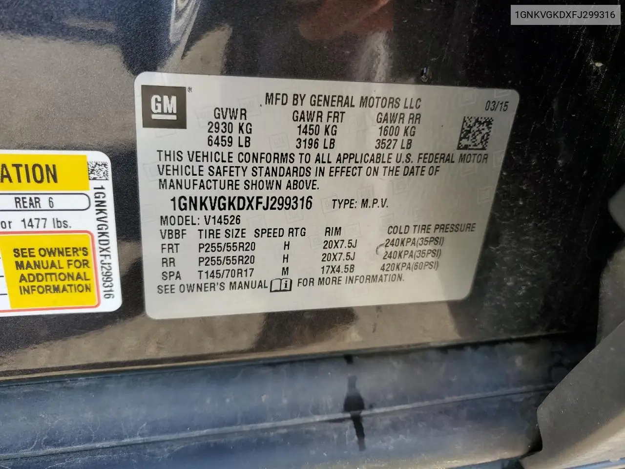 1GNKVGKDXFJ299316 2015 Chevrolet Traverse Lt