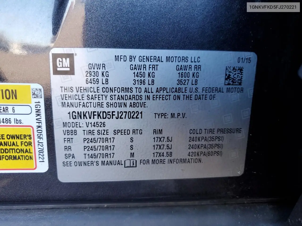 1GNKVFKD5FJ270221 2015 Chevrolet Traverse Ls
