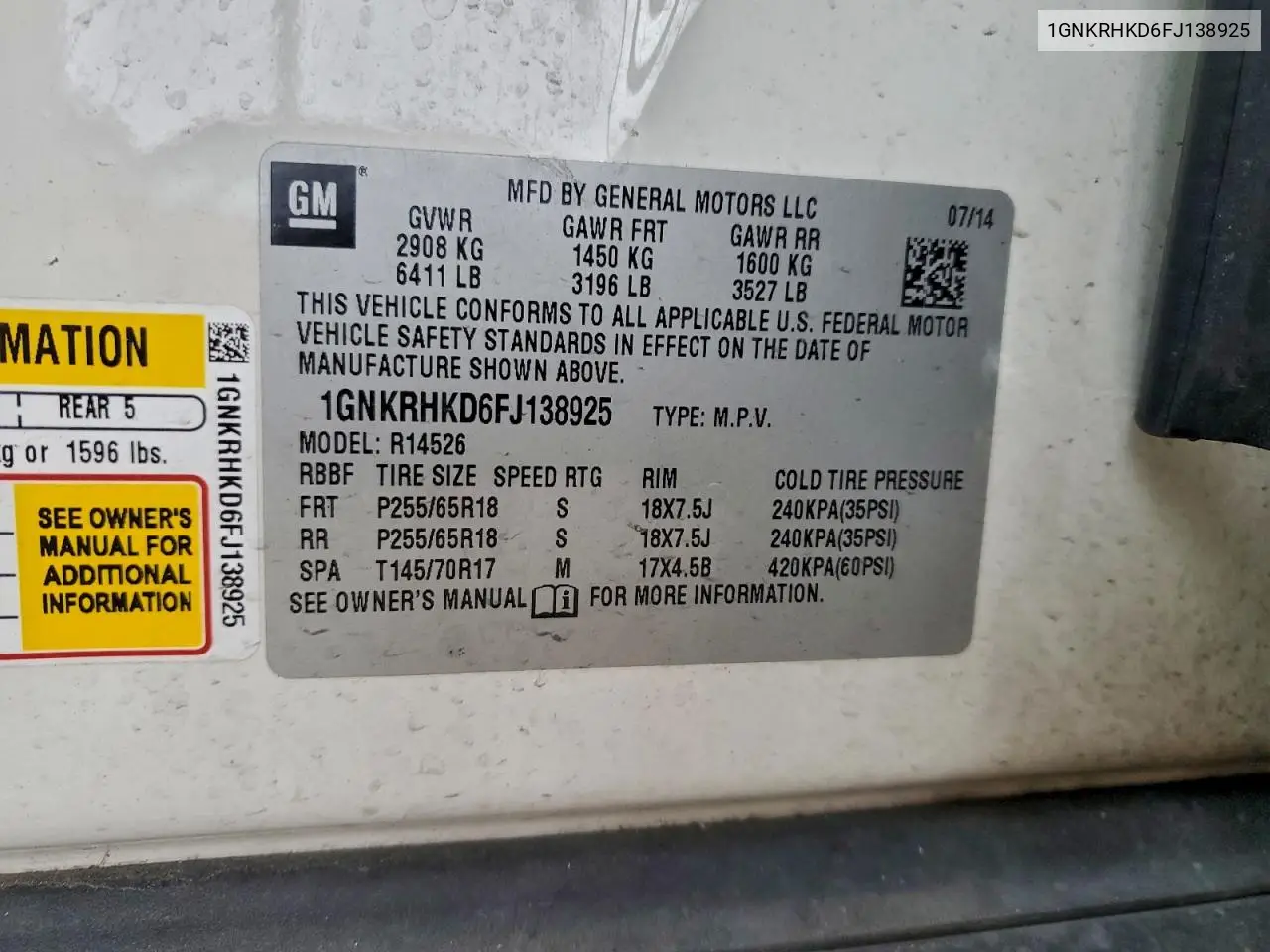1GNKRHKD6FJ138925 2015 Chevrolet Traverse Lt