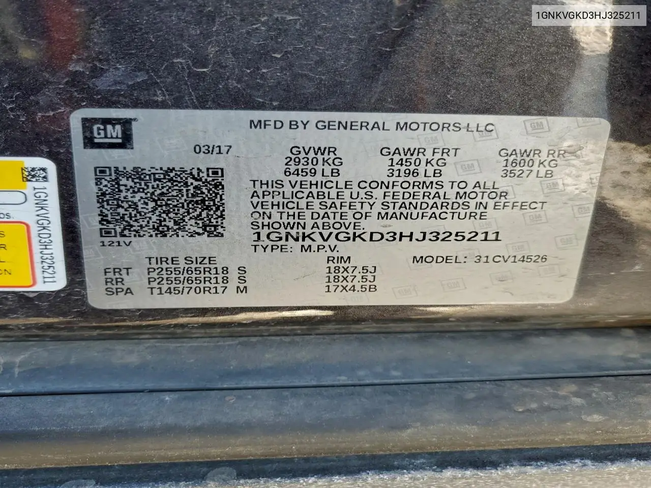 1GNKVGKD3HJ325211 2017 Chevrolet Traverse Lt