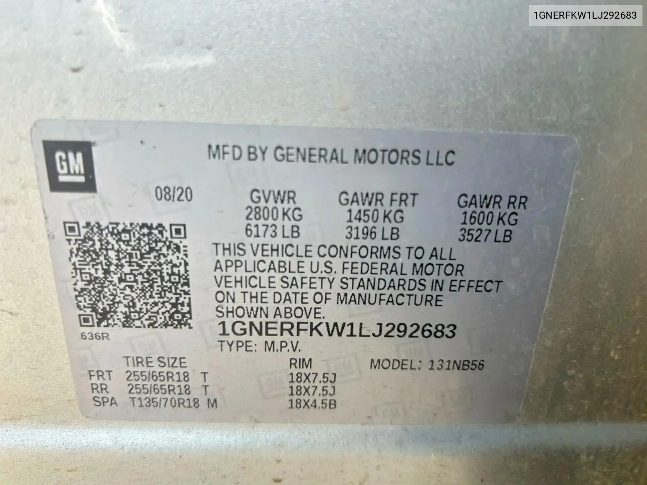 1GNERFKW1LJ292683 2020 Chevrolet Traverse Ls