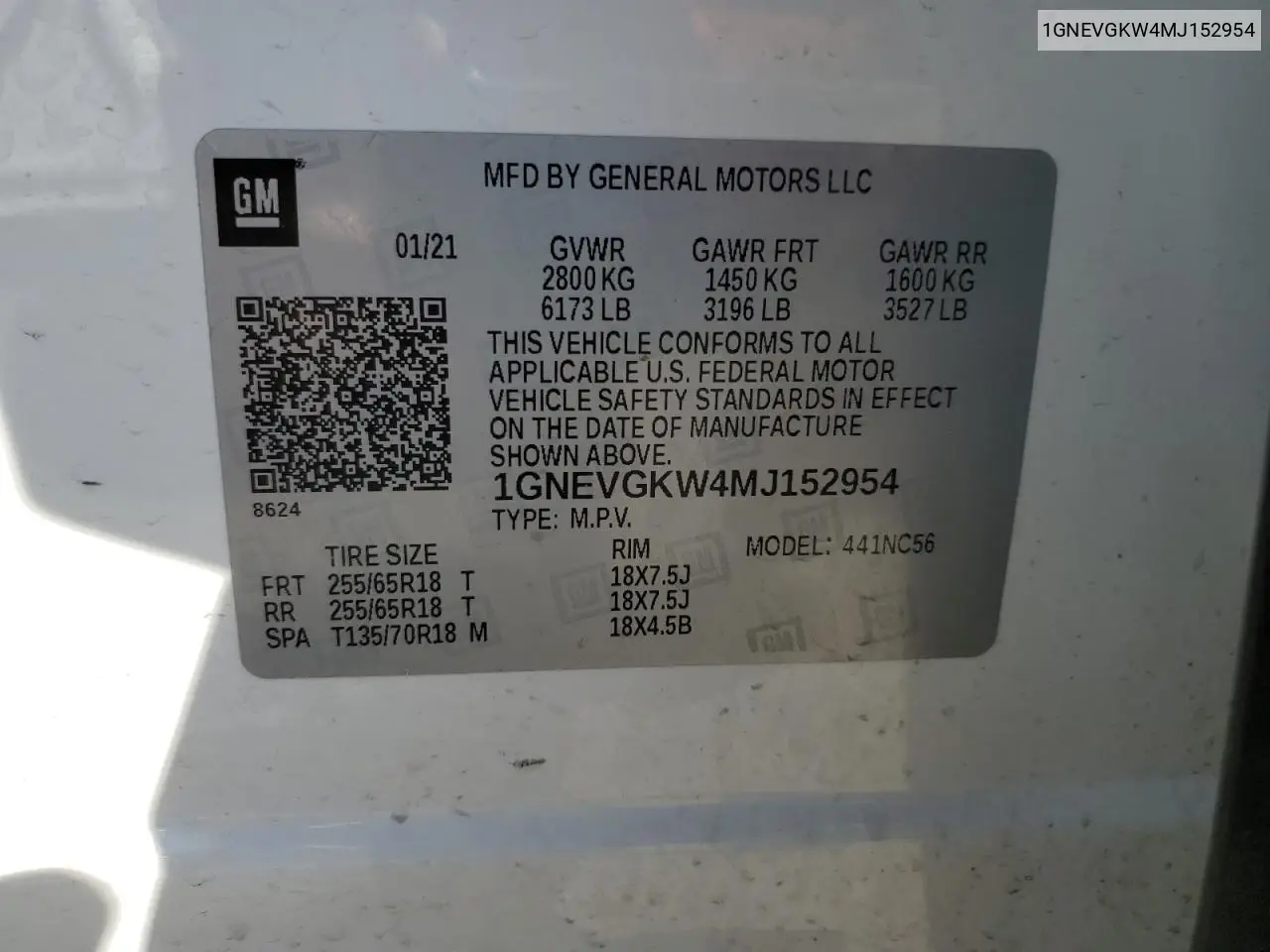 1GNEVGKW4MJ152954 2021 Chevrolet Traverse Lt