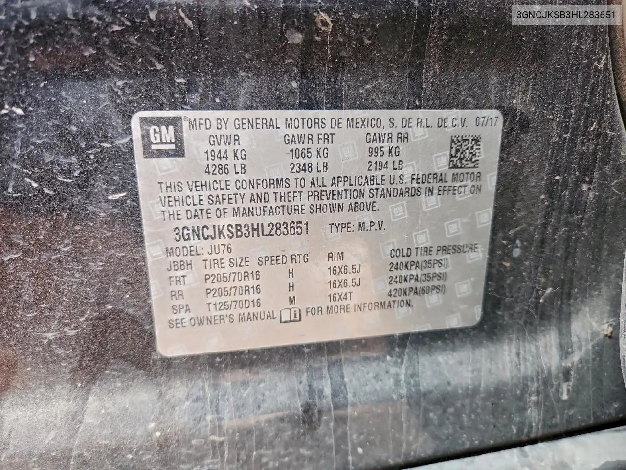 3GNCJKSB3HL283651 2017 Chevrolet Trax Ls