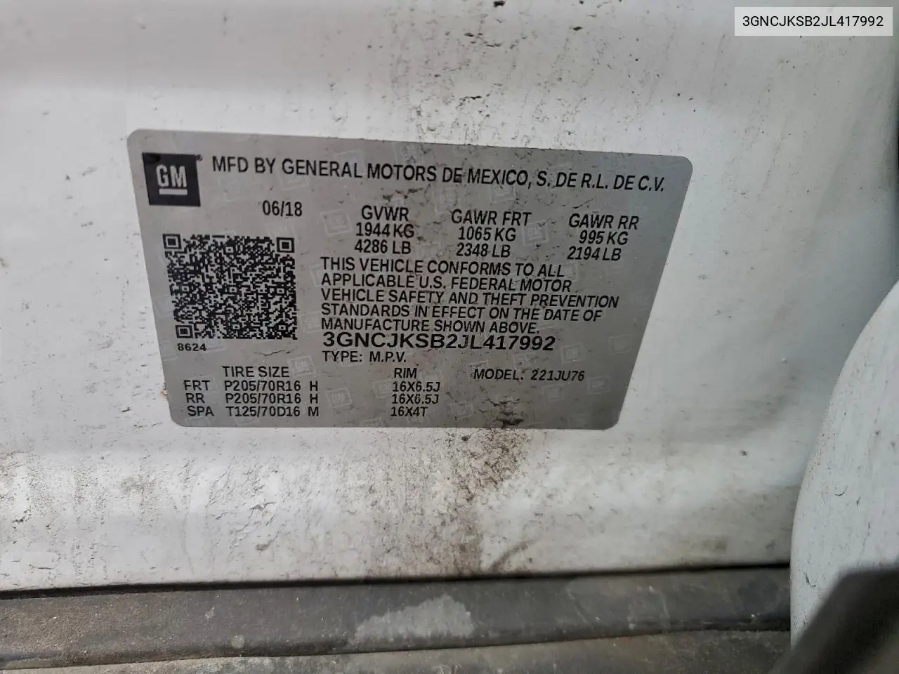 3GNCJKSB2JL417992 2018 Chevrolet Trax Ls