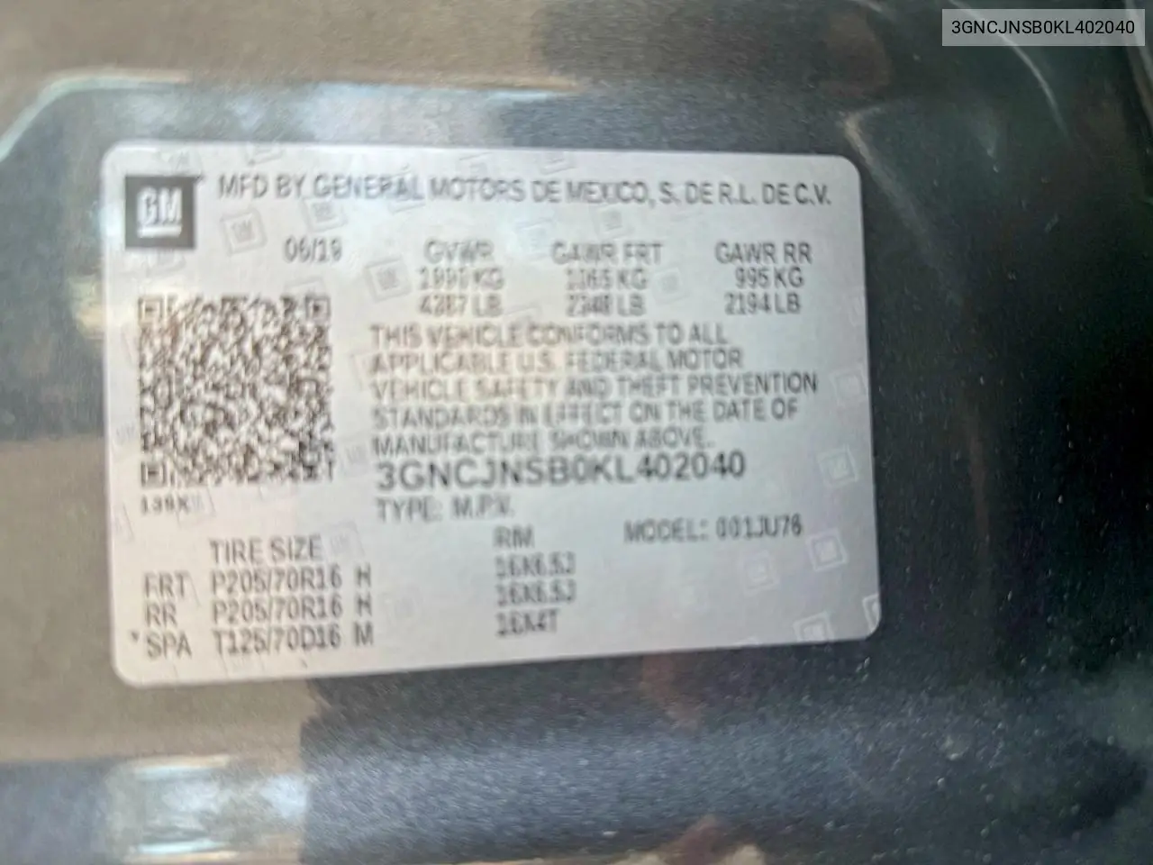 3GNCJNSB0KL402040 2019 Chevrolet Trax Ls