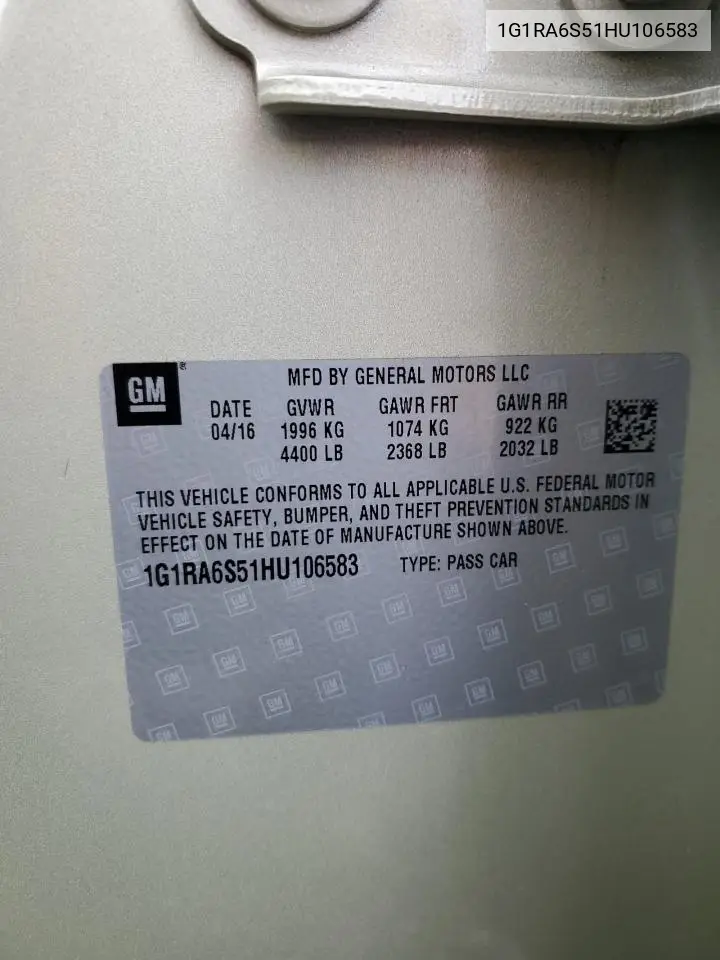 1G1RA6S51HU106583 2017 Chevrolet Volt Lt