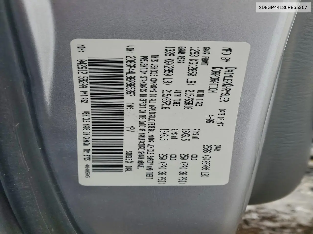 2D8GP44L86R865367 2006 Dodge Grand Caravan Sxt