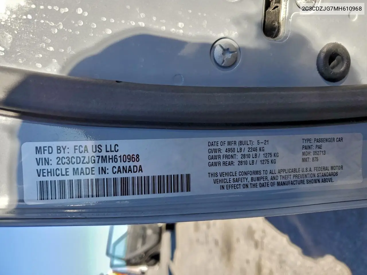 2C3CDZJG7MH610968 2021 Dodge Challenger Gt