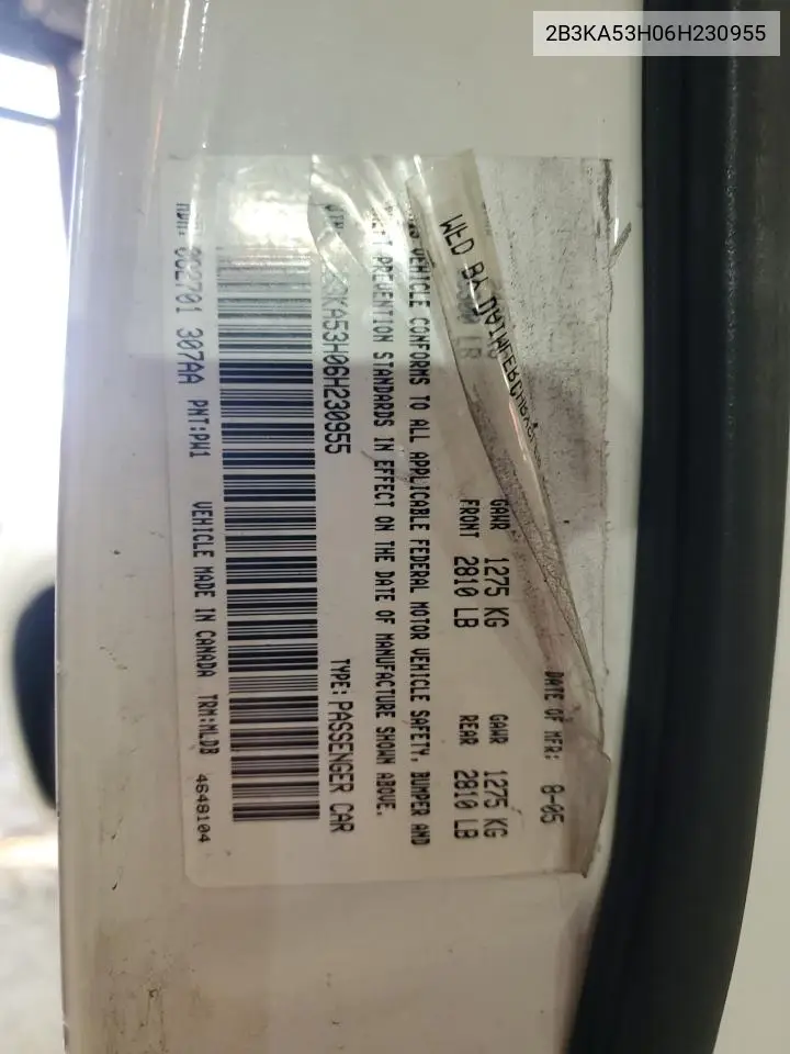 2B3KA53H06H230955 2006 Dodge Charger R/T