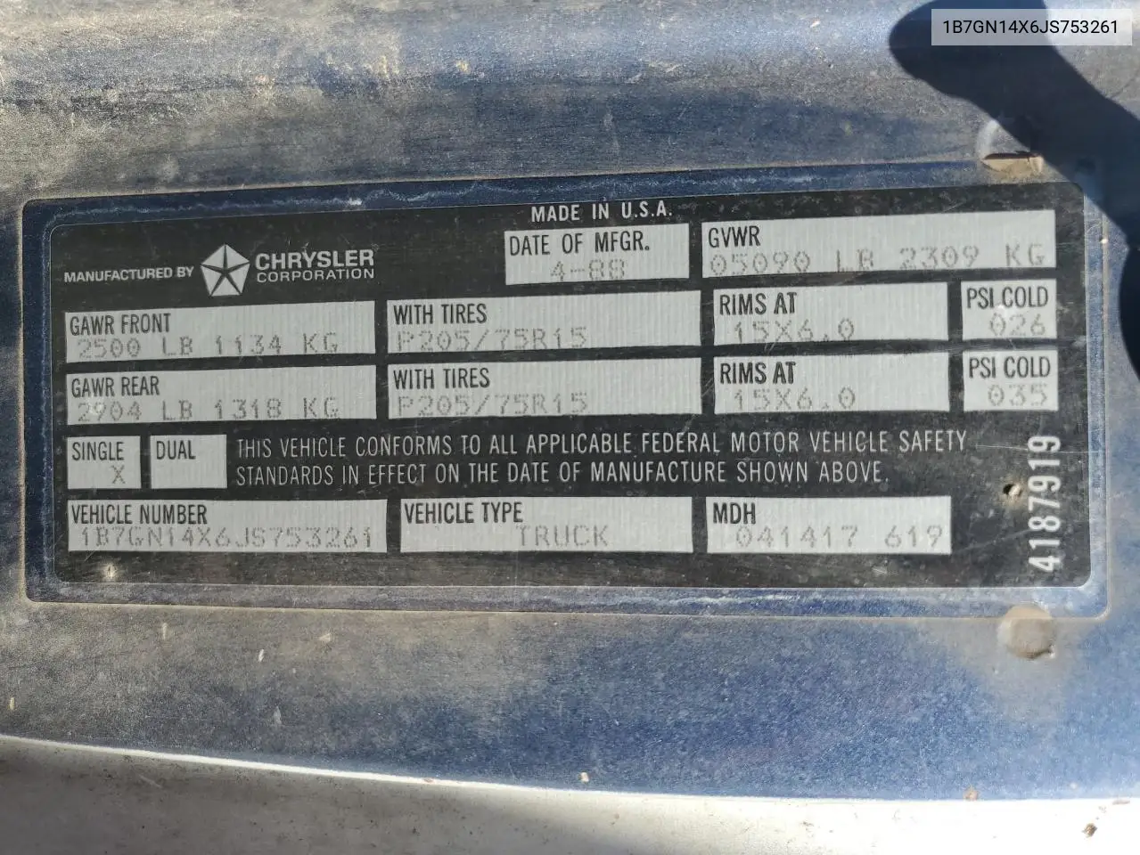 1B7GN14X6JS753261 1988 Dodge Dakota