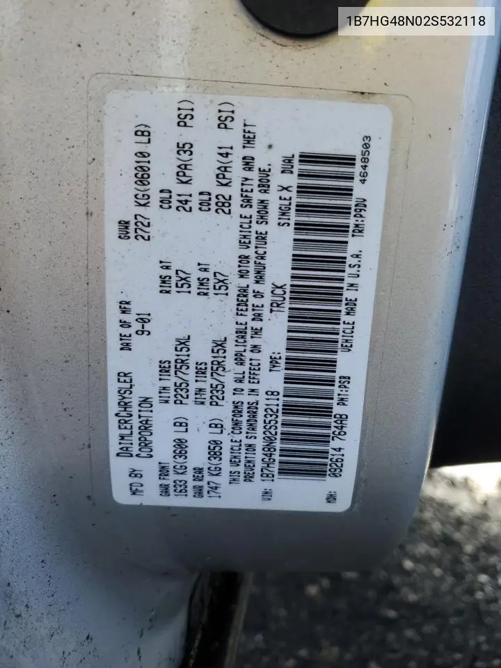 1B7HG48N02S532118 2002 Dodge Dakota Quad Slt