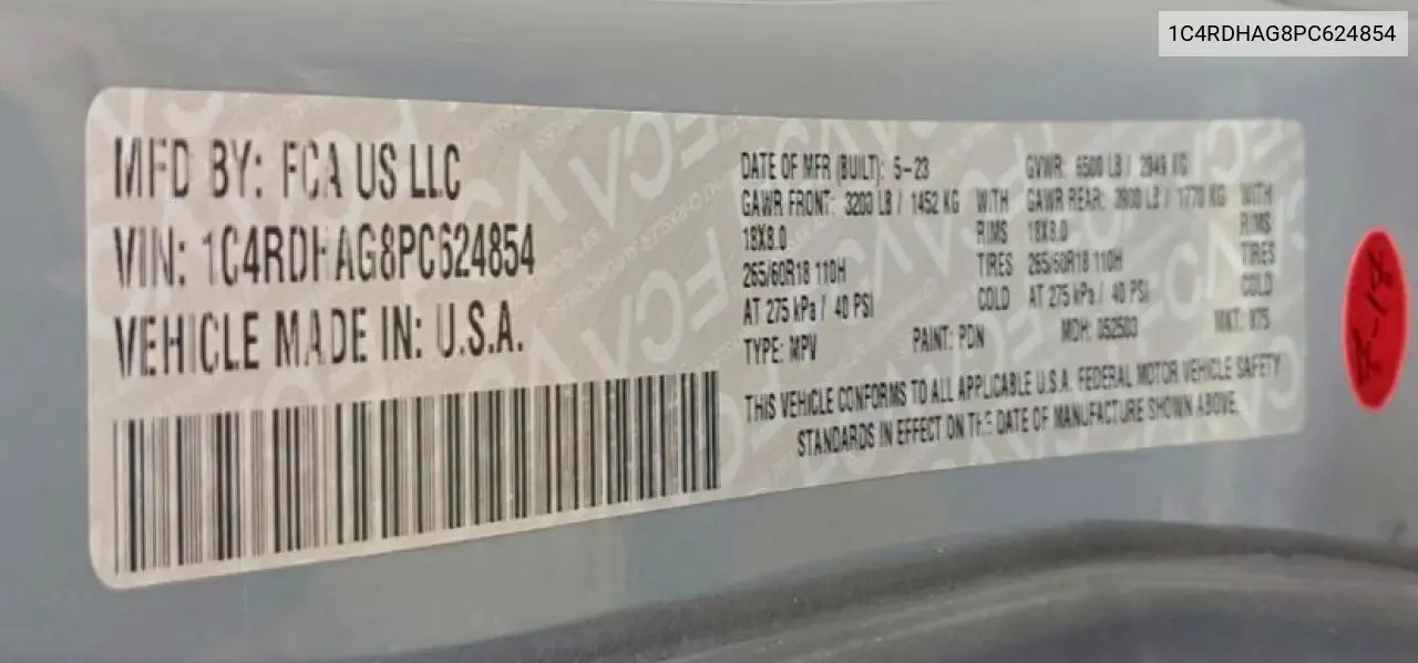 1C4RDHAG8PC624854 2023 Dodge Durango Sxt