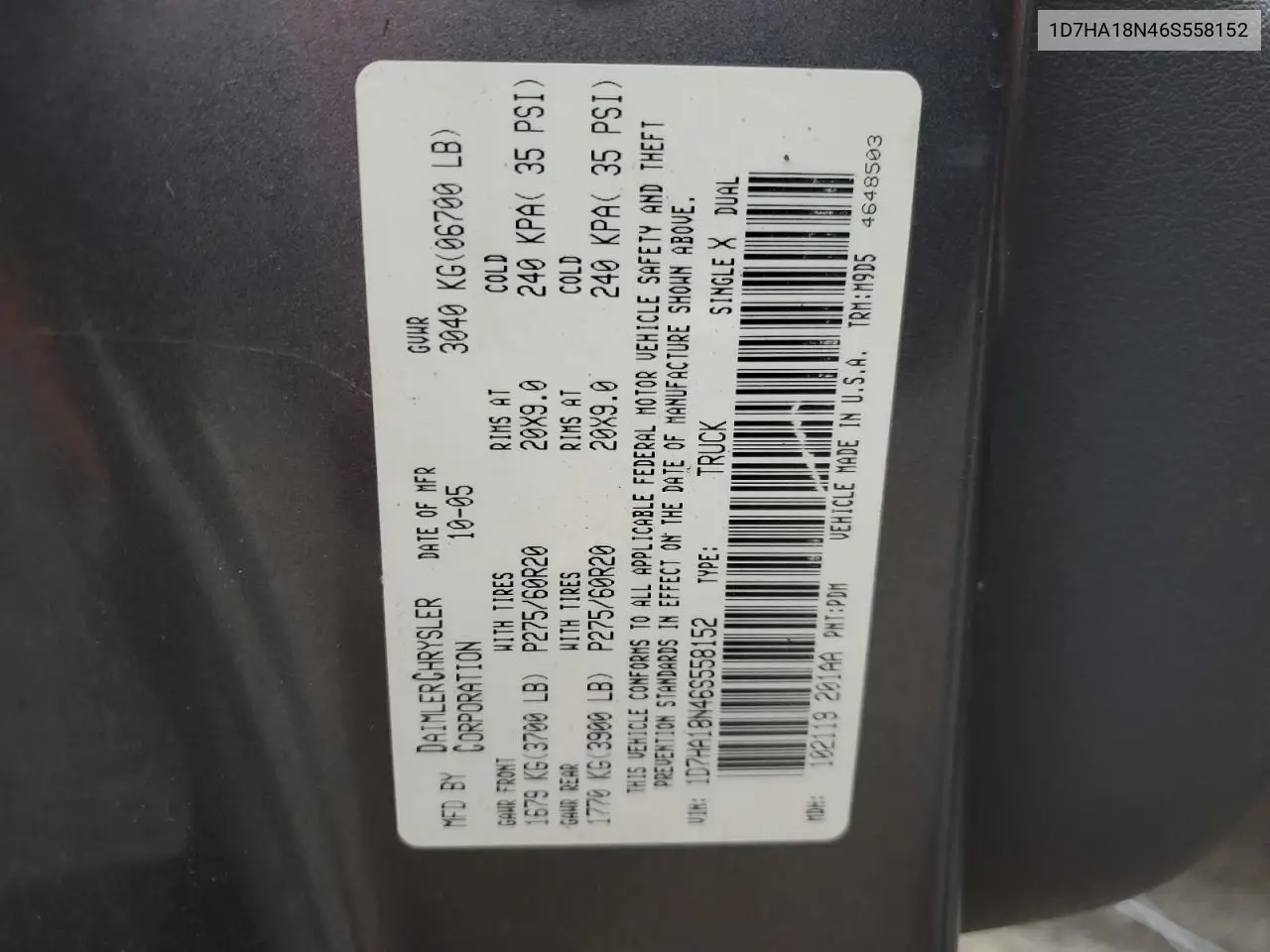 1D7HA18N46S558152 2006 Dodge Ram 1500 St