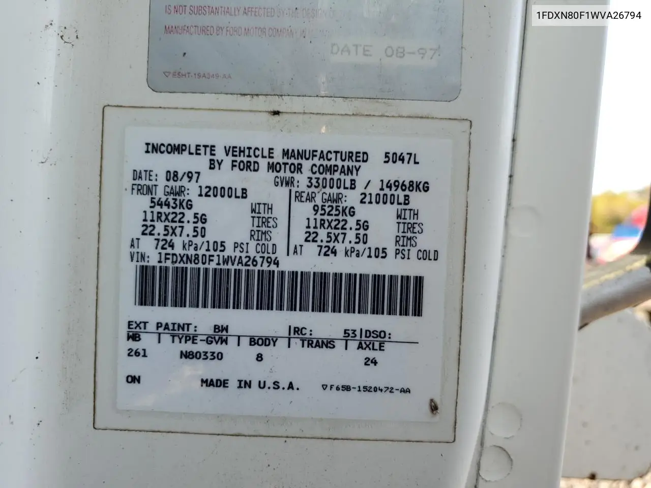 1FDXN80F1WVA26794 1998 Ford H-Series L8501