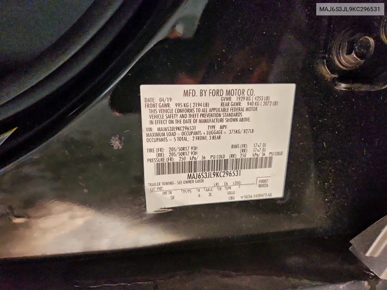 MAJ6S3JL9KC296531 2019 Ford Ecosport Ses