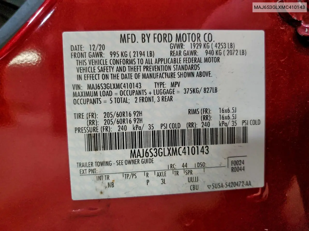 MAJ6S3GLXMC410143 2021 Ford Ecosport Se