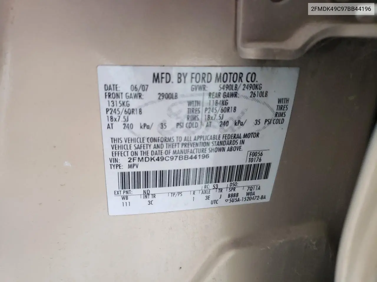 2FMDK49C97BB44196 2007 Ford Edge Sel Plus
