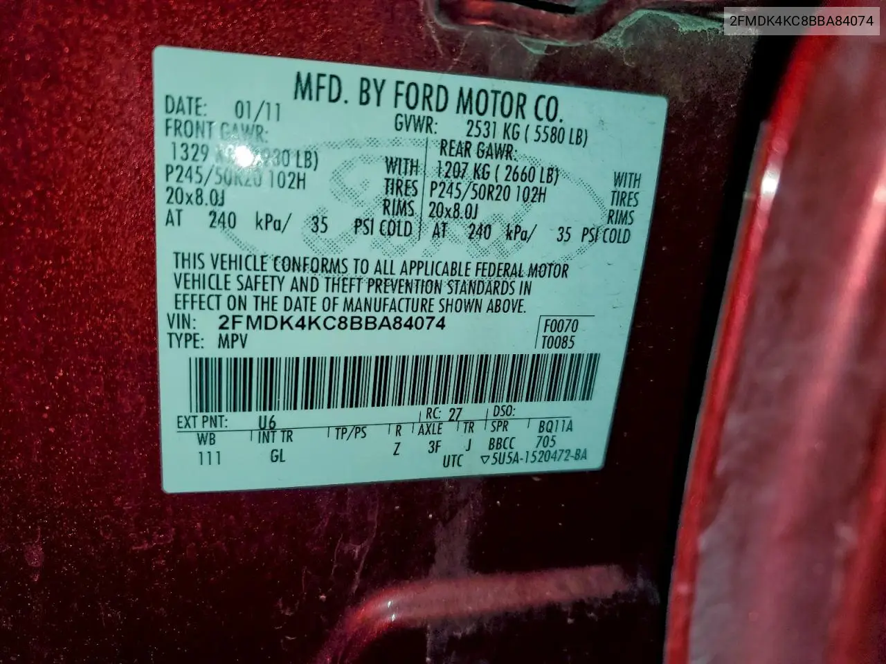 2FMDK4KC8BBA84074 2011 Ford Edge Limited