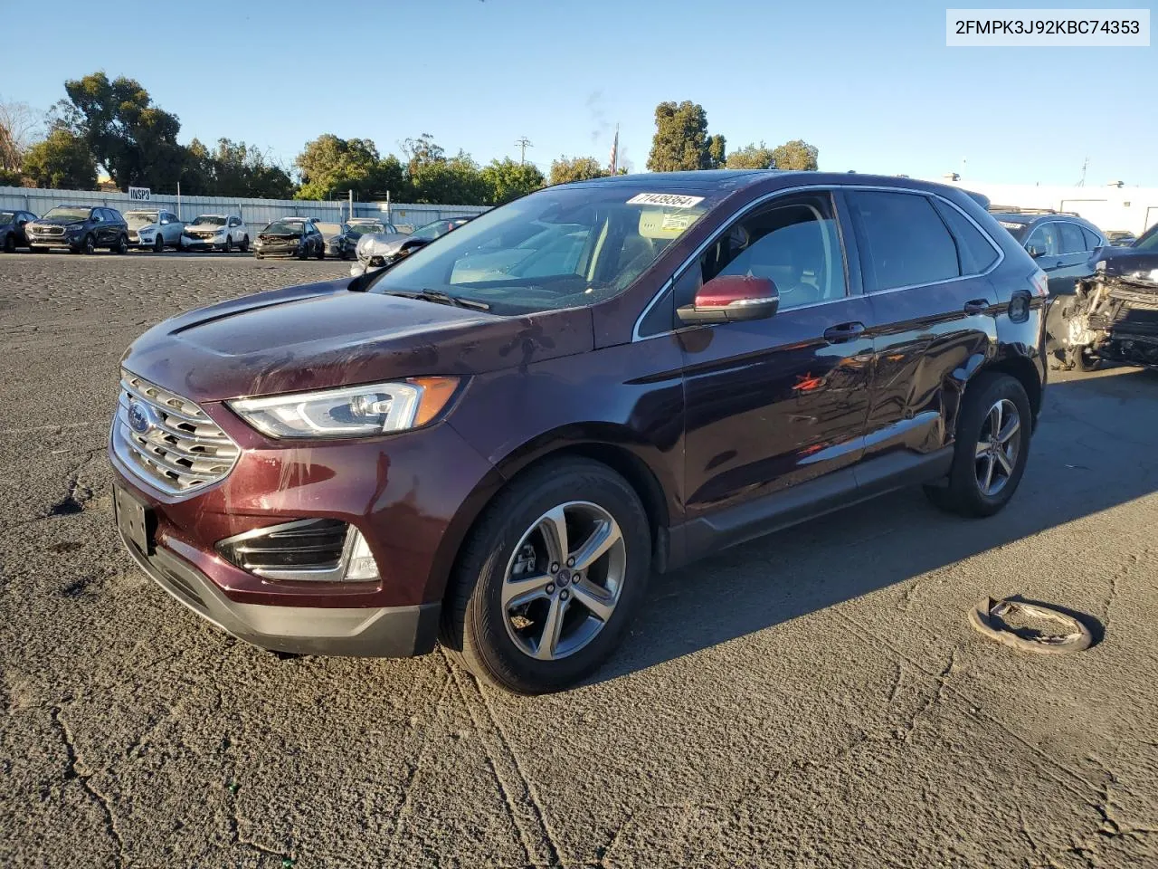 2019 Ford Edge Sel VIN: 2FMPK3J92KBC74353 Lot: 71439364