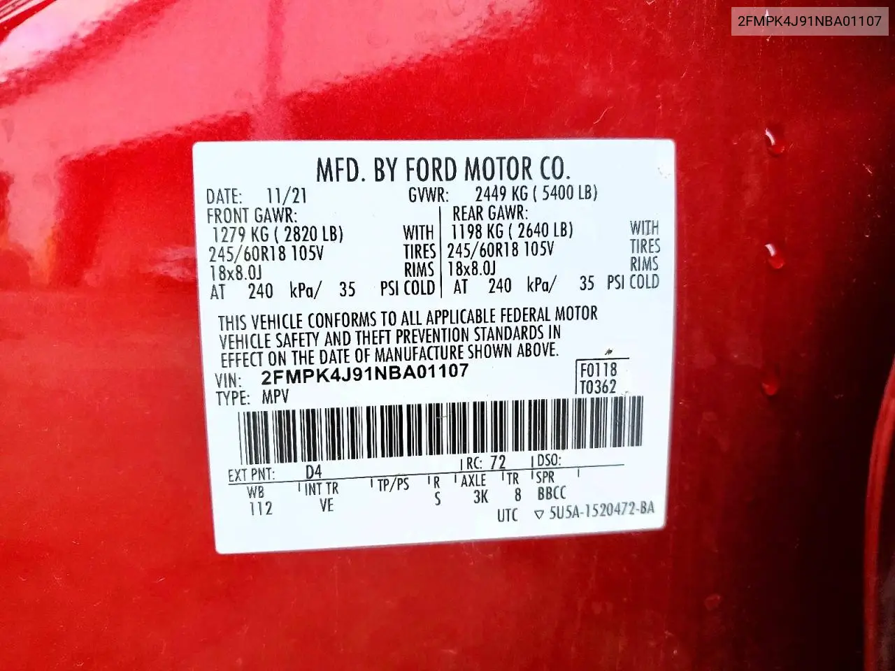 2FMPK4J91NBA01107 2022 Ford Edge Sel