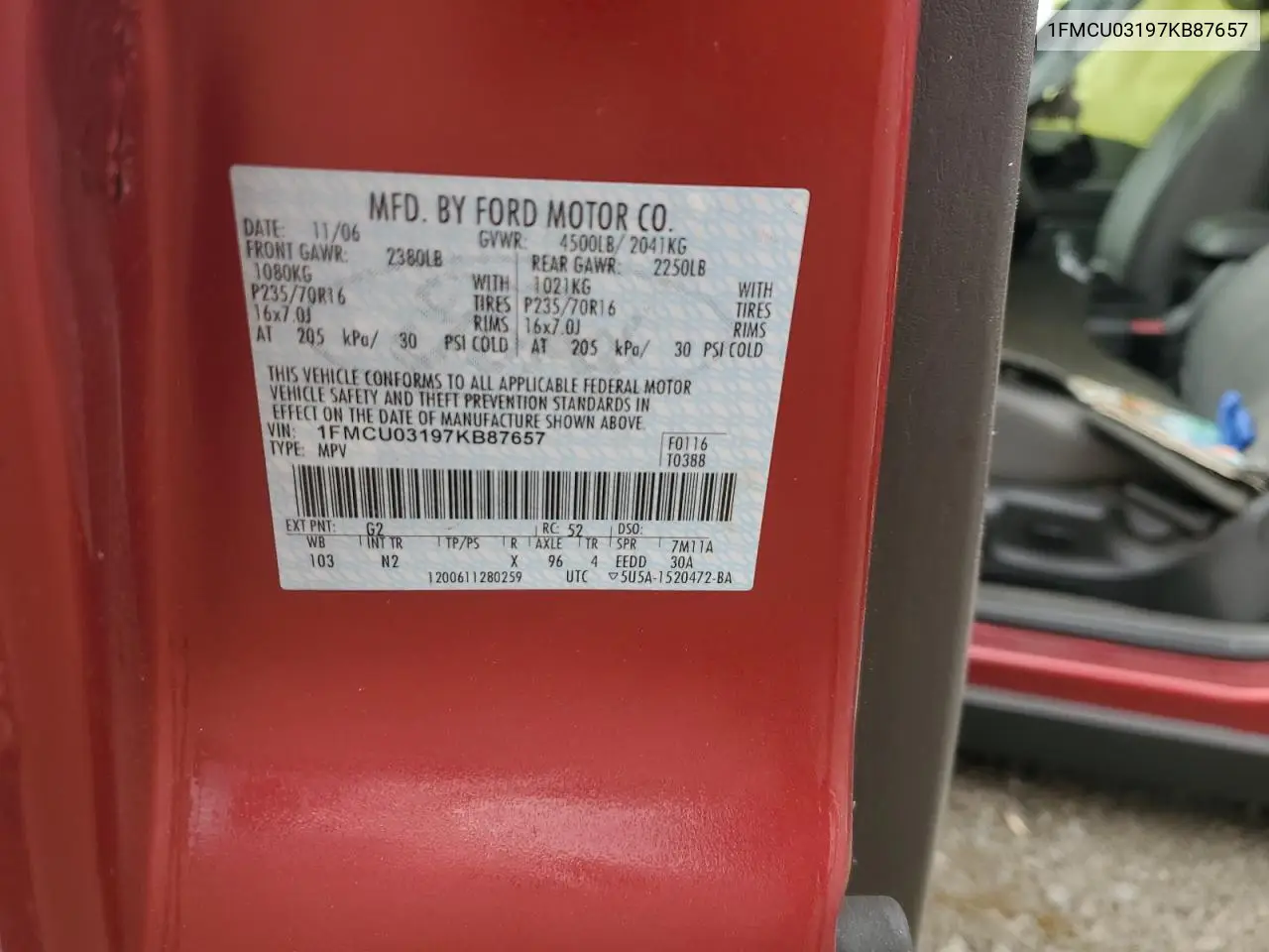 1FMCU03197KB87657 2007 Ford Escape Xlt