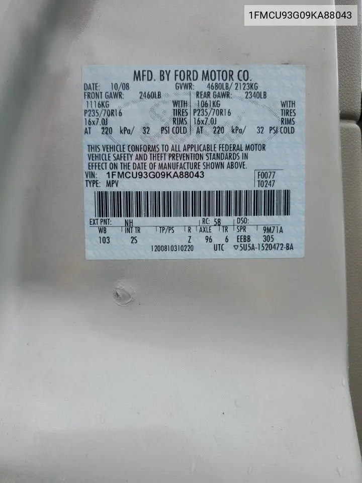 1FMCU93G09KA88043 2009 Ford Escape Xlt