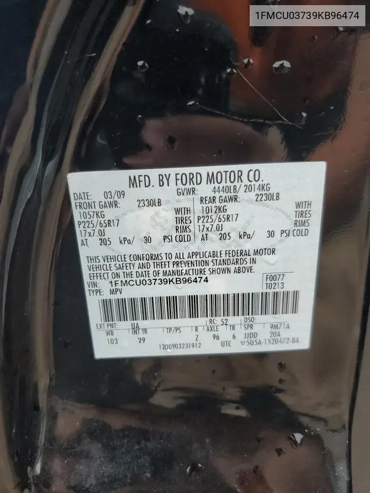 1FMCU03739KB96474 2009 Ford Escape Xlt