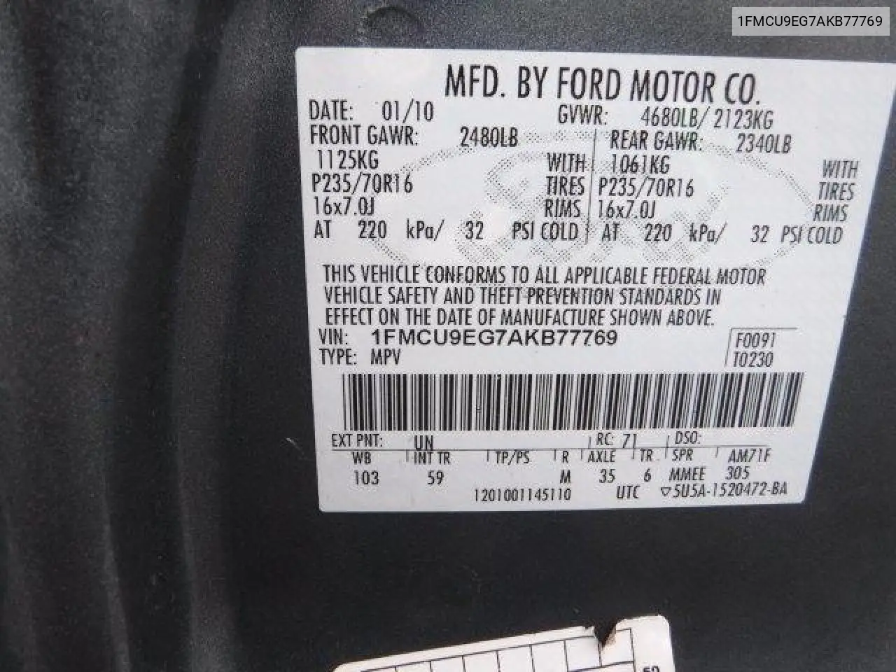 1FMCU9EG7AKB77769 2010 Ford Escape Limited
