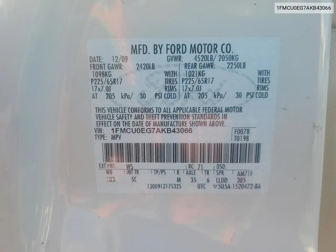 1FMCU0EG7AKB43066 2010 Ford Escape Limited
