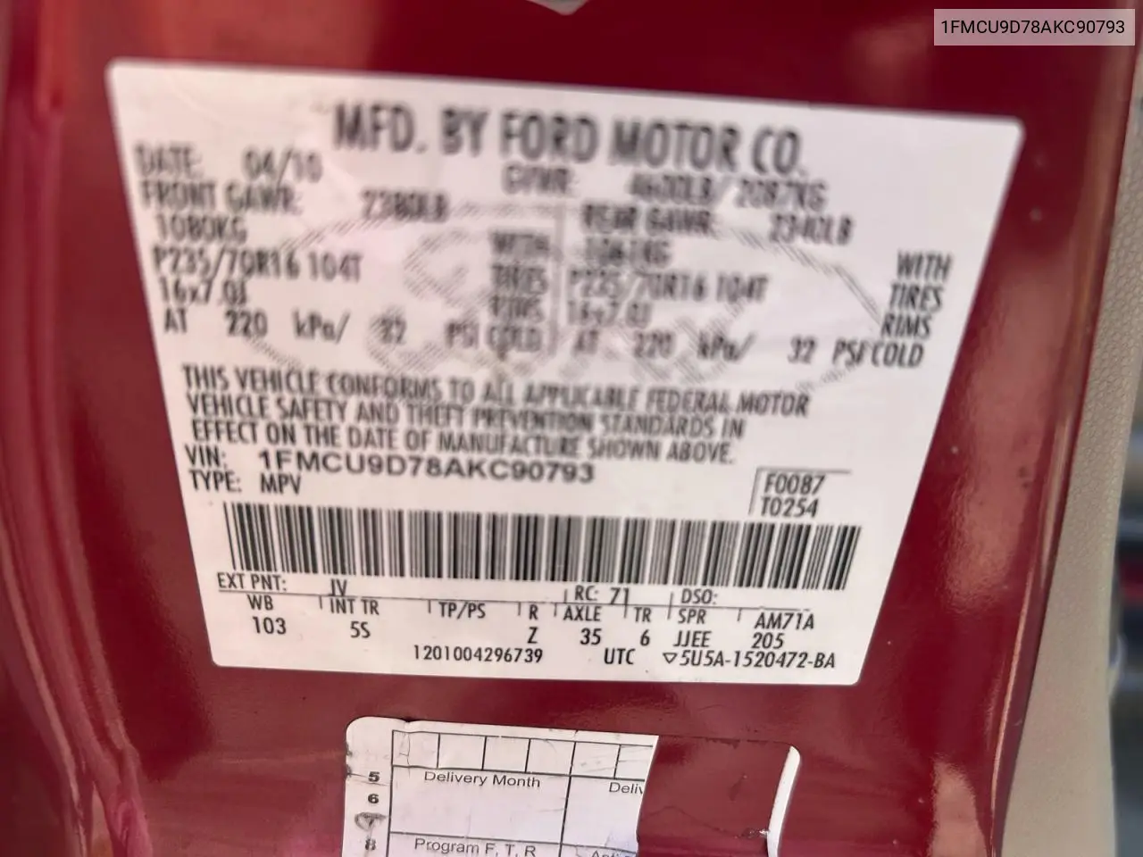 1FMCU9D78AKC90793 2010 Ford Escape Xlt